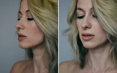 Kobieta z blond włosami i kolczykiem w nosie (septum). Widać jej profil i zbliżenie na twarz.