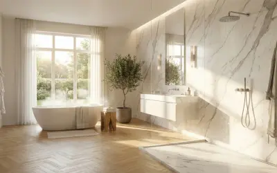 Une élégante salle de bain marbre avec baignoire, douche, lavabo suspendu et un petit olivier. Lumière naturelle douce.
