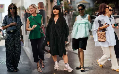 Cinque donne sfoggiano look eleganti, alcuni ideali come outfit per nascondere la pancia, con abiti ampi e pantaloni fluidi.