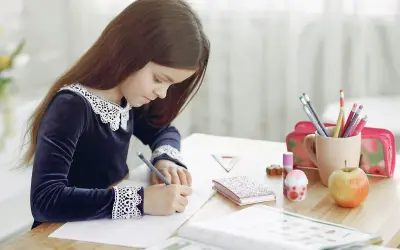 Niña concentrada en su dictado 2 primaria, rodeada de útiles escolares, un libro abierto y una manzana.
