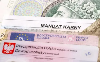 Mandat karny, prawo jazdy i dowód osobisty na tle banknotu. Ile jest pytań na prawo jazdy? To zależy od kategorii.
