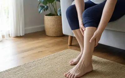 Donna seduta sul divano, si tiene le gambe, avvertendo un senso di sbandamento e debolezza alle gambe.