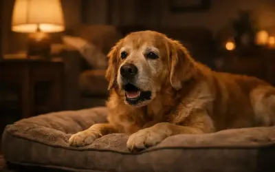 Un vieux chien golden retriever, allongé sur son coussin, semble avoir un petit chien qui tousse. La lumière tamisée d'une lampe crée une atmosphère chaleureuse.