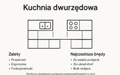 Jak zaprojektuj i wybuduj kuchnię dwurzędową? Schemat pokazuje układ, zalety i błędy.