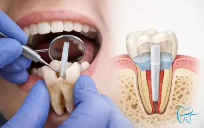 Odbudowa zęba na włóknie szklanym. Dentysta umieszcza wkład w korzeniu zęba, przygotowując go do odbudowy.