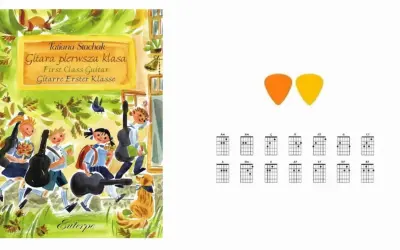 Okładka książki "Gitara pierwsza klasa" z dziećmi niosącymi instrumenty. Obok kostki i diagramy akordów gitarowych.