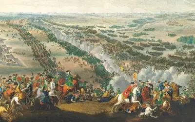 Stridande arméer i en vidsträckt slätt, med kavalleri i förgrunden. Karl XII leder sina trupper i en avgörande strid.