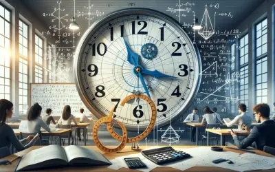 Klasa rozwiązuje zagadki z wykorzystaniem zegara, jak obliczyć kąty między wskazówkami. W tle wzory matematyczne.