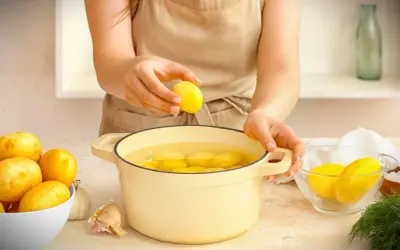 Hände legen Kartoffeln in einen Topf mit Wasser. Die Kochzeit für Kartoffeln beginnt jetzt.