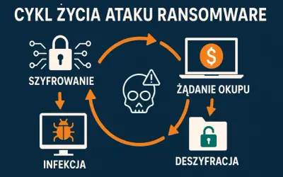 Cykl życia ataku ransomware: infekcja, szyfrowanie, żądanie okupu i deszyfracja. Poznaj, ransomware co to jest i jak działa.