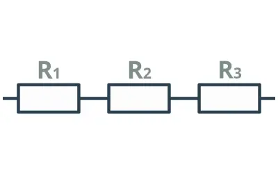 Schemat obwodu elektrycznego z trzema rezystorami R1, R2, R3 połączonymi szeregowo.
