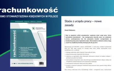 Okładka pisma "Rachunkowość" z numerem 08/2025 i artykułem o stażach z urzędu pracy.