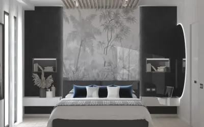 Camera da letto con pareti particolari dietro la testata: un murale tropicale su cartongesso crea un'atmosfera esotica.