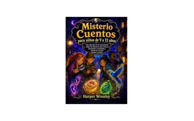Ilustración de portada de "Misterio Cuentos", ideal para libros de misterio para niños de 10 a 12 años. Cuatro jóvenes detectives investigan pistas brillantes.