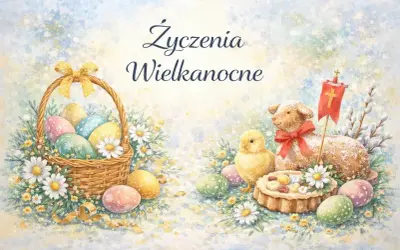 Wesołych Świąt Wielkanocnych! Koszyk z pisankami, kurczaczek i baranek z chorągiewką.