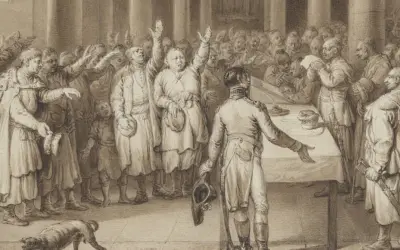 Tłum szlachty wznosi ręce, protestując. Jeden z nich, zdeterminowany, używa liberum veto, by zatrzymać obrady.