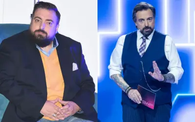 Sekielski schudł. Po lewej siedzi w marynarce i swetrze, po prawej stoi w kamizelce, trzymając kartkę SWP.