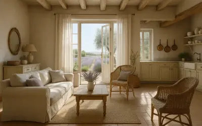 Przytulny salon w stylu prowansalskim z widokiem na lawendowe pola. Jasna sofa, wiklinowe fotele i drewniane belki tworzą sielską atmosferę.