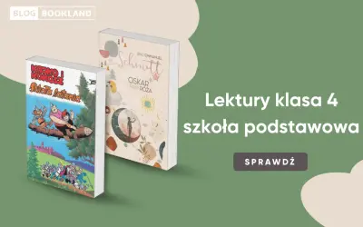 Lektury klasa 4: "Kajko i Kokosz. Szkoła latania" oraz "Oskar i Pani Róża" na zielonym tle.