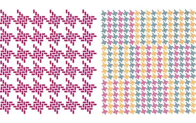 Two patterns: a single color check pattern in magenta on the left, and a multi-color check pattern in magenta, teal, and gold on the right.