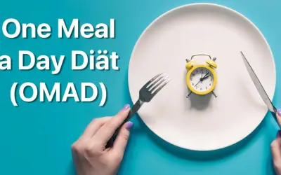 Ein Teller mit einem Wecker symbolisiert die "One Meal a Day Diät" (OMAD). Gabel und Messer warten auf die einzige Mahlzeit des Tages.