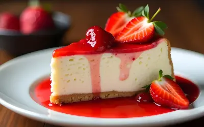 Ein Stück cremiger Strawberry Cheesecake mit frischen Erdbeeren und rotem Fruchtgelee auf einem weißen Teller.