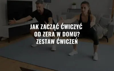 Para ćwiczy w domu, wykonując przysiady. Tekst na ekranie sugeruje plan treningowy dla początkujących.