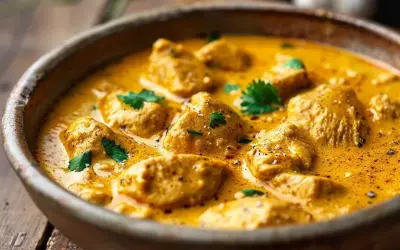 En skål med krämig kyckling i en gyllene currysås, toppad med färsk koriander. En härlig rätt med kyckling i curry.