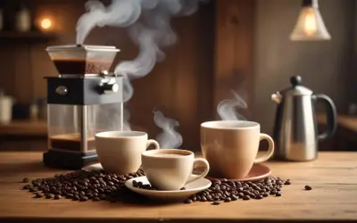 Färskt kaffe med ånga som stiger från kopparna. Kaffebönor sprider sig över bordet. En kaffebryggare och en tekanna syns i bakgrunden. Kaffe koffein per 100 ml.