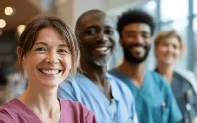 Ein lächelndes Pflegeteam in blauen Kitteln. Sie repräsentieren flexible Arbeitszeitmodelle Pflege Beispiele für ein motiviertes Team.