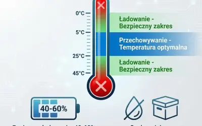 Termometr pokazuje optymalną temperaturę do przechowywania baterii, która wynosi 5-25°C. Poziom naładowania baterii to 40-60%.