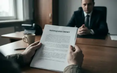 Rozwiązywanie umowy, art. 30 kp. Mężczyzna w garniturze siedzi przy biurku, trzymając dokument.