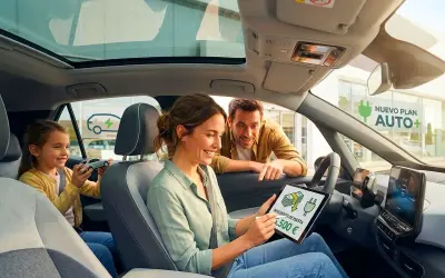 Familia planea sus próximos movimientos 4, revisando un descuento de 5.500€ en una tablet dentro de un coche eléctrico.