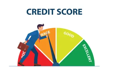 Mężczyzna z teczką przesuwa wskaźnik na skali "Credit Score" z "Poor" w stronę "Excellent". Dowiedz się, jak poprawić scoring BIK.