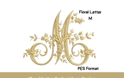 Złota, kaligraficzne M ozdobione liśćmi i gałązkami. Projekt haftu w formacie PES.