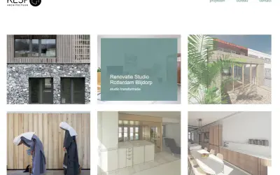 Architectuurprojecten: een portfolio toont een huis met stenen en hout, een studio renovatie, een moderne uitbouw, en interieurontwerpen.