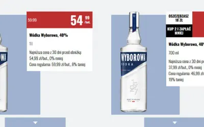 Wódka Wyborowa 0.7 cena promocyjna 37,99 zł/but. Oszczędzasz 18 zł.