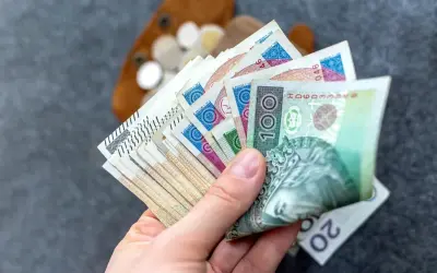 Dłoń trzyma polskie banknoty. W tle widać portfel z monetami. Czy to wystarczy, by pokryć koszty, gdyby pytano, ile wynosi renta socjalna netto?