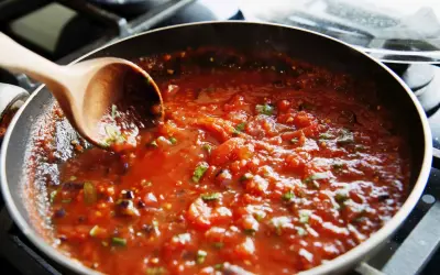 En träsked rör i en bubblande tomatsås i en stekpanna. Perfekt för ett enkelt tomatsås recept.