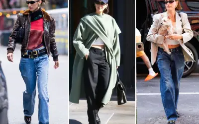 Trzy kobiety prezentują modne stylizacje z szerokimi jeansami. Bella Hadid w skórzanej kurtce, Kendall Jenner w oversize'owym płaszczu i Hailey Bieber z pieskiem w marynarce.