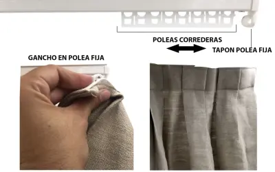 Detalle de cómo colgar cortinas: gancho en polea fija y poleas correderas en riel blanco.