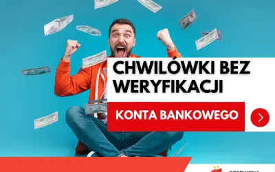 Radosny mężczyzna z uniesionymi rękami, wokół niego lecą banknoty. Szybka pożyczka bez sprawdzania zdolności kredytowej.