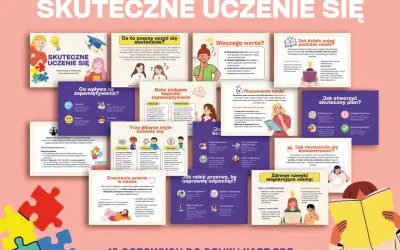 Ilustracja przedstawia kolaż grafik i tekstu na temat skutecznego uczenia się, z elementami puzzli.