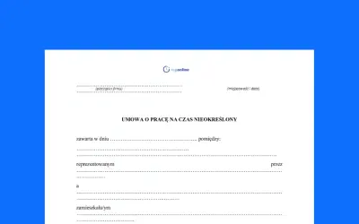 Formularz umowy o pracę na czas nieokreślony. Wypełnij dane pracodawcy i pracownika, aby zawrzeć umowę.