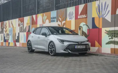 Srebrna Toyota Corolla GR na tle kolorowego muralu z motywami zwierzęcymi.