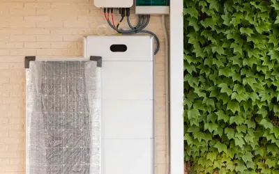 Ein weißer Redox-Flow-Heimspeicher steht neben einer verpackten Solaranlage an einer Ziegelwand, bedeckt mit Efeu.