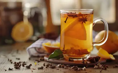 Aromatyczna herbata z goździkami i cytryną, rozgrzewająca w chłodny dzień. Na stole leżą pomarańcze i przyprawy.