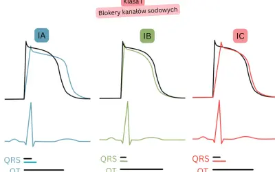 Wykresy potencjałów czynnościowych komór serca dla bloków klasy I (IA, IB, IC), porównujące działanie leków, np. amiodaronu, z kontrolą.