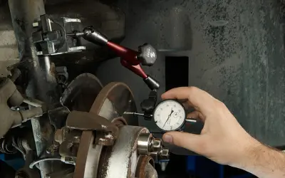 Mechanik mierzy bicie tarczy hamulcowej, by zdiagnozować drgania kierownicy przy hamowaniu z dużej prędkości.