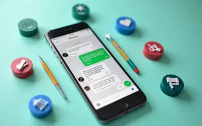 Telefon z otwartym WhatsAppem, otoczony kolorowymi symbolami. Dowiedz się, jak odświeżyć WhatsApp i usprawnić komunikację.